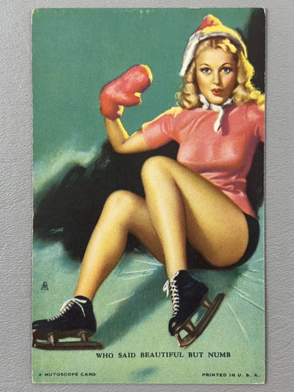 Vintage Mutoscope Pin Up Ice Skater Card Who Said Beautiful But Numb Risque Art